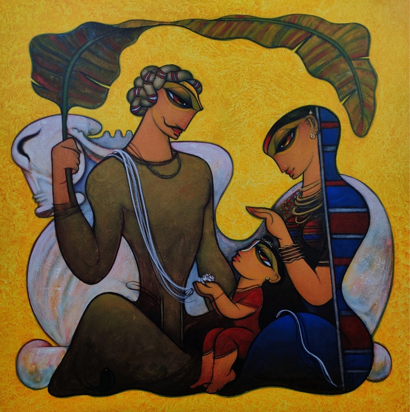 Untitled 1' figurative acrylic painting by artist Ramesh Gujar, 36x36 inch, on canvas