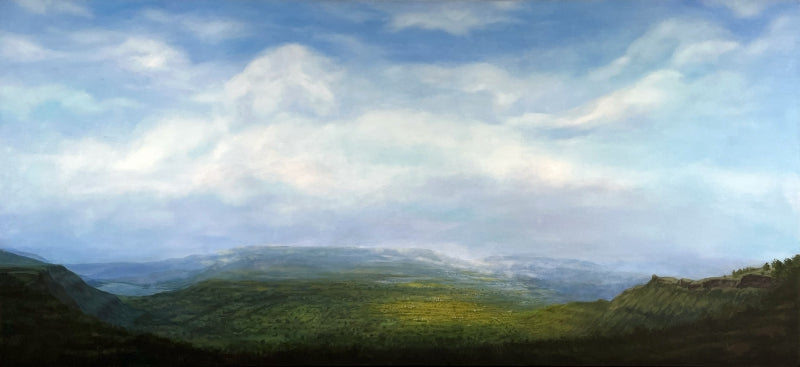 Untitled 1' landscape acrylic painting by artist Ramdas Thorat, 36x78 inch, on canvas