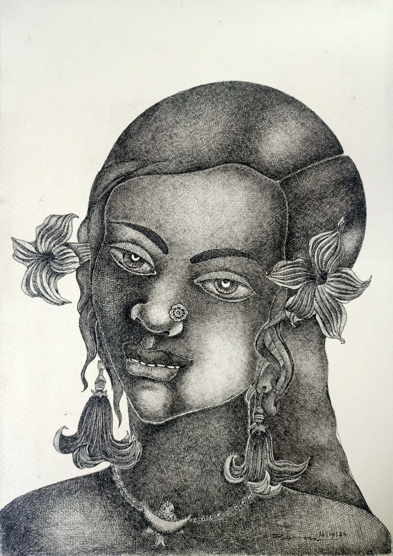 'Untitled 1' figurative pen-ink drawing by artist Vinay Amber, 12x8 inch, on paper