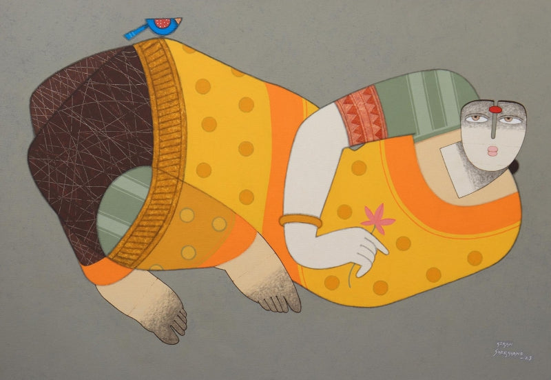 Untitled 1' figurative acrylic-charcoal painting by artist Kiran Sherkhane, 24x36 inch, on canvas