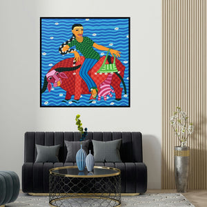 Thota Laxminarayana's 'Untitled 1 (A Day at the Pond)' painting visualized above a sofa in a contemporary room.