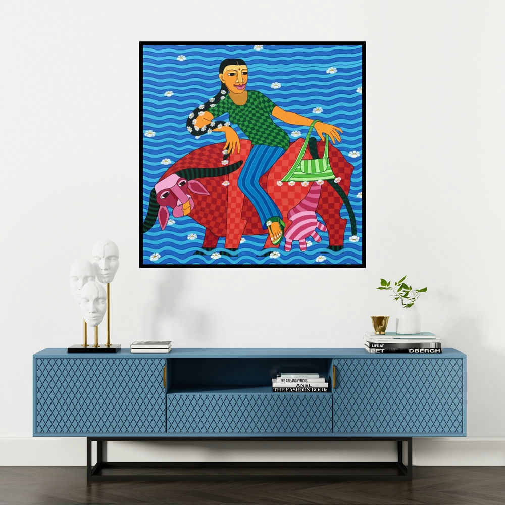 'Untitled 1 (A Day at the Pond)' painting by Thota Laxminarayana shown on a wall in a furnished room.