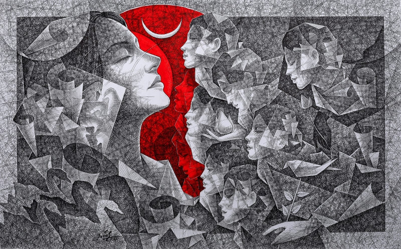 Untitled 1' figurative mixed-media painting by artist Ajay Kumar Samir, 36x60 inch, on paper