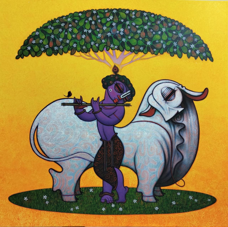 'Untitled 1' religious acrylic painting by artist Ramesh Gujar, 48x48 inch, on canvas