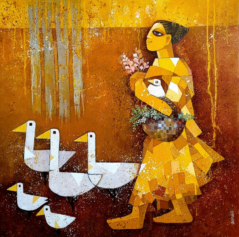 'Untitled 1' figurative acrylic painting by artist Anindita Singh, 30x30 inch, on canvas