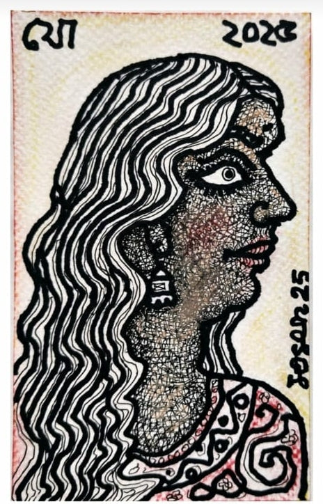 'Untitled 1' figurative mixed-media painting by artist Jogen Chowdhury, 6x3 inch, on paper