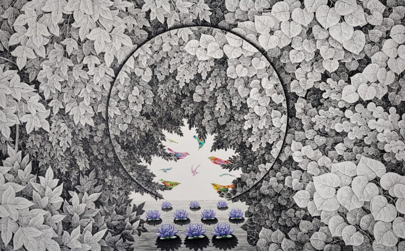 'Untitled 1' nature mixed-media painting by artist Umakant Kanade, 36x60 inch, on canvas