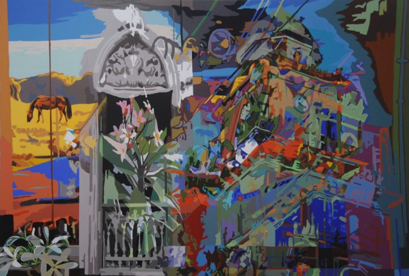 'Untitled 1' cityscape acrylic painting by artist Fawad Tamkanat, 53x77 inch, on canvas