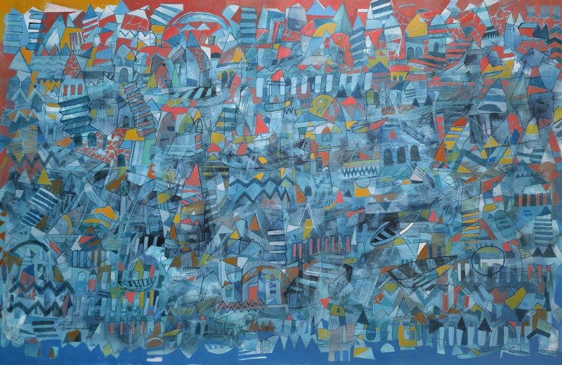 'Untitled 1' cityscape acrylic painting by artist Srj Surajit Chakraborty, 32x52 inch, on canvas