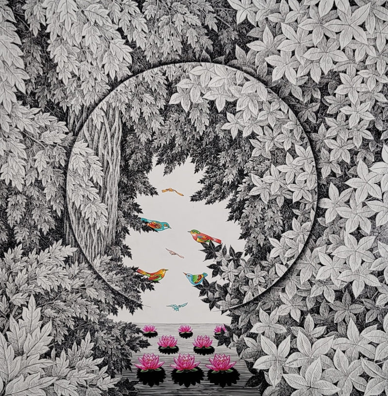 Untitled 1' nature mixed-media painting by artist Umakant Kanade, 36x36 inch, on canvas