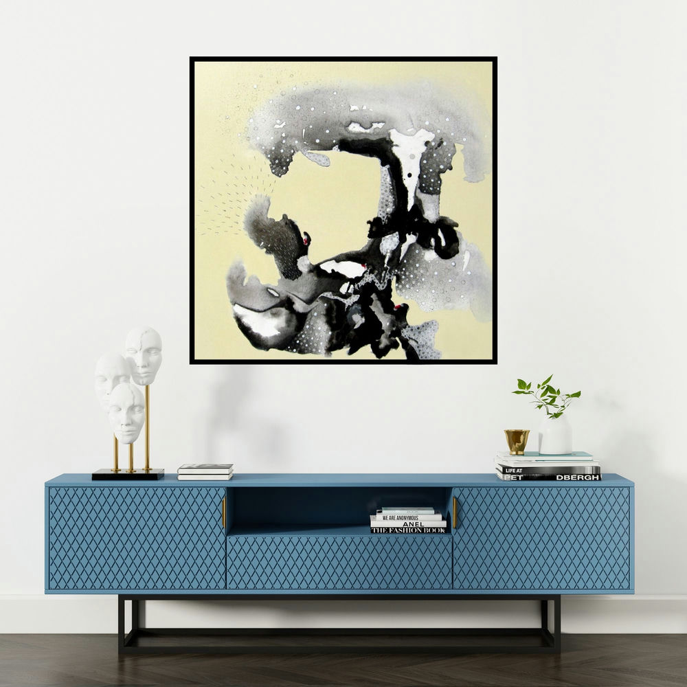 'Untitled 1 (Whispers of the Unseen: An Abstract Exploration)' painting by Huma Khan shown on a wall in a furnished room.