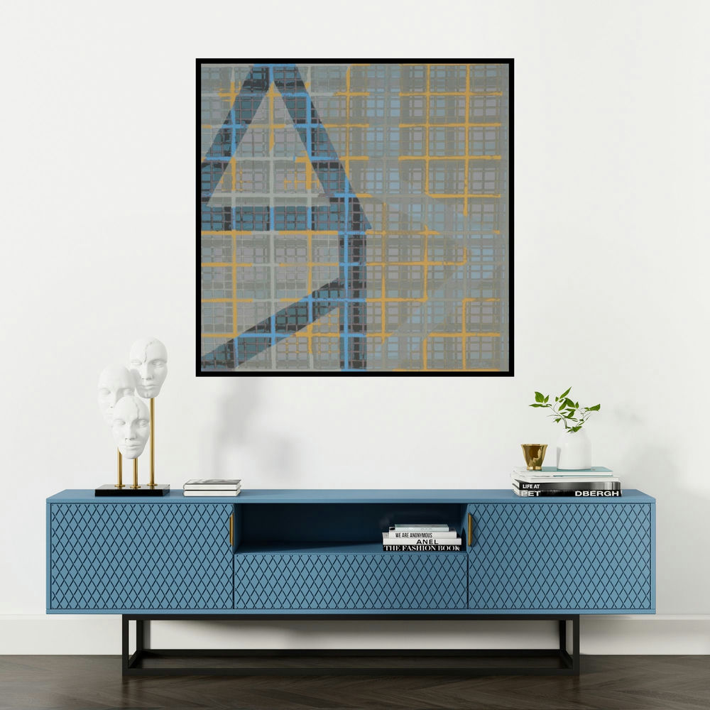 'Untitled 1 (Gridwork)' painting by Prashant Anasane shown on a wall in a furnished room.