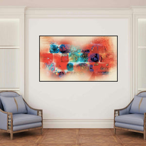 'Untitled 1 (Memories of a City)' painting by Sunil Balkawade shown on a wall in a furnished room.