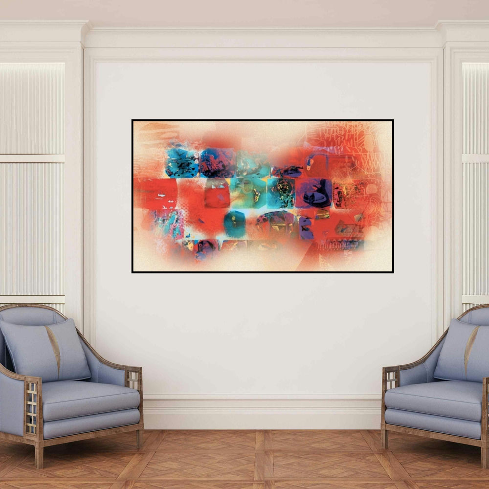 'Untitled 1 (Memories of a City)' painting by Sunil Balkawade shown on a wall in a furnished room.