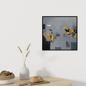 Preview of 'Untitled 1 (Gray and Gold Composition)' Painting by Vivek Nimbolkar shown on a wall in a furnished room.