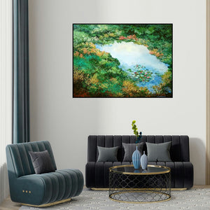 Surya Prakash's 'Untitled 1 (Tranquil Pond)' painting visualized above a sofa in a contemporary room.
