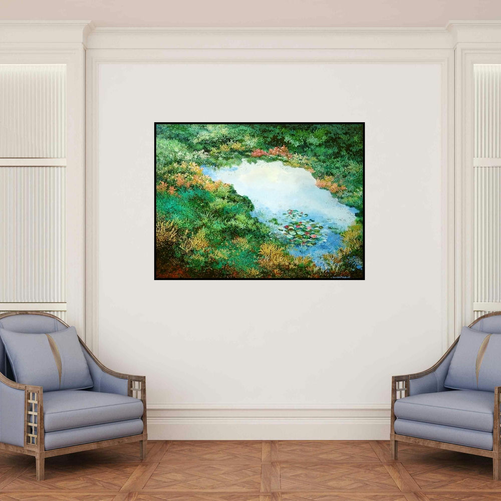 'Untitled 1 (Tranquil Pond)' painting by Surya Prakash shown on a wall in a furnished room.