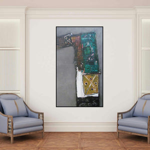 'Untitled 10 (Compositional Study 10)' painting by Somanth Adamane shown on a wall in a furnished room.