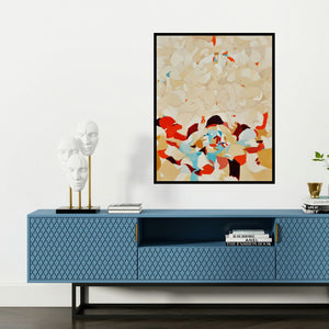 'Untitled 10 (Celestial Bloom)' painting by Yogesh Murkute shown on a wall in a furnished room.
