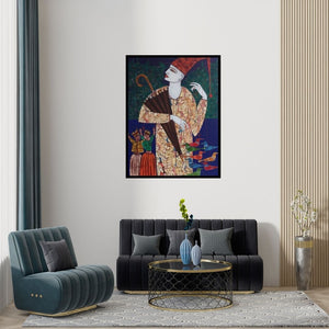 Preview of 'Untitled 10 (The Master of Illusions)' Painting by Biswajit Mondal shown on a wall in a furnished room.