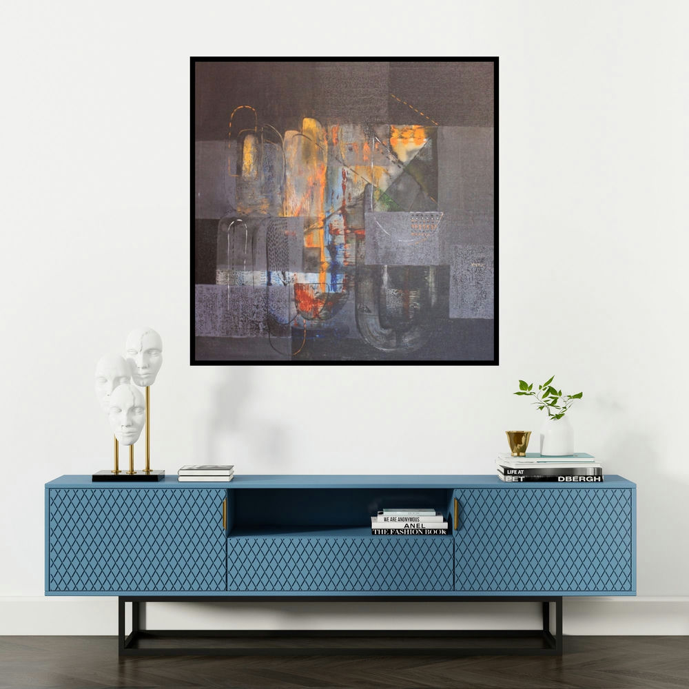 'Untitled 10 (Night Reverie)' painting by Vivek Nimbolkar shown on a wall in a furnished room.