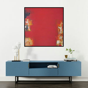 'Untitled 10 (Crimson Field)' painting by Ravindra Pawar shown on a wall in a furnished room.