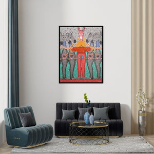 Preview of 'Untitled 10 (Donkey and Zebras)' Painting by Arvind Dubey shown on a wall in a furnished room.