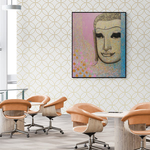 Prakaash Chandwadkar's painting 'Untitled 10 (Golden Buddha)' displayed in a modern living room setting