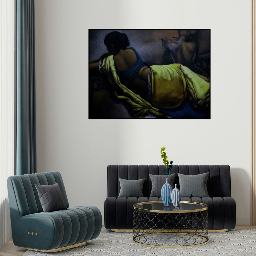 'Untitled 10 (Lost in Melody)' painting by Arya Chowdhury shown on a wall in a furnished room.