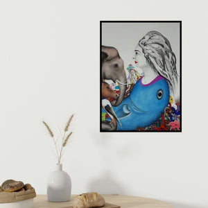 Rajesh Salagaonkar's 'Untitled 10 (The Serene Connection)' painting visualized above a sofa in a contemporary room.