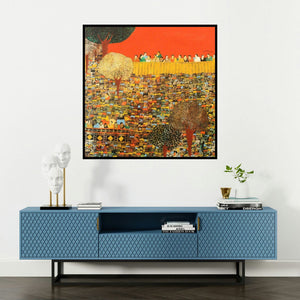 'Untitled (Cityscape Serenade)' painting by Rama Krishna V shown on a wall in a furnished room.