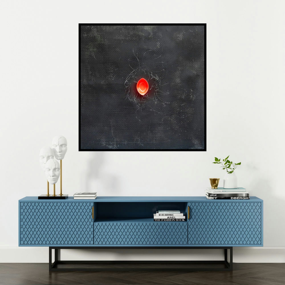 'Untitled 101 (Red Vessel)' painting by Sandesh Khule shown on a wall in a furnished room.