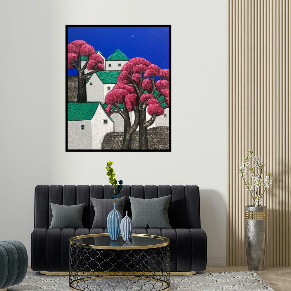 'Untitled 101' painting by Nagesh Ghodke shown on a wall in a furnished room.