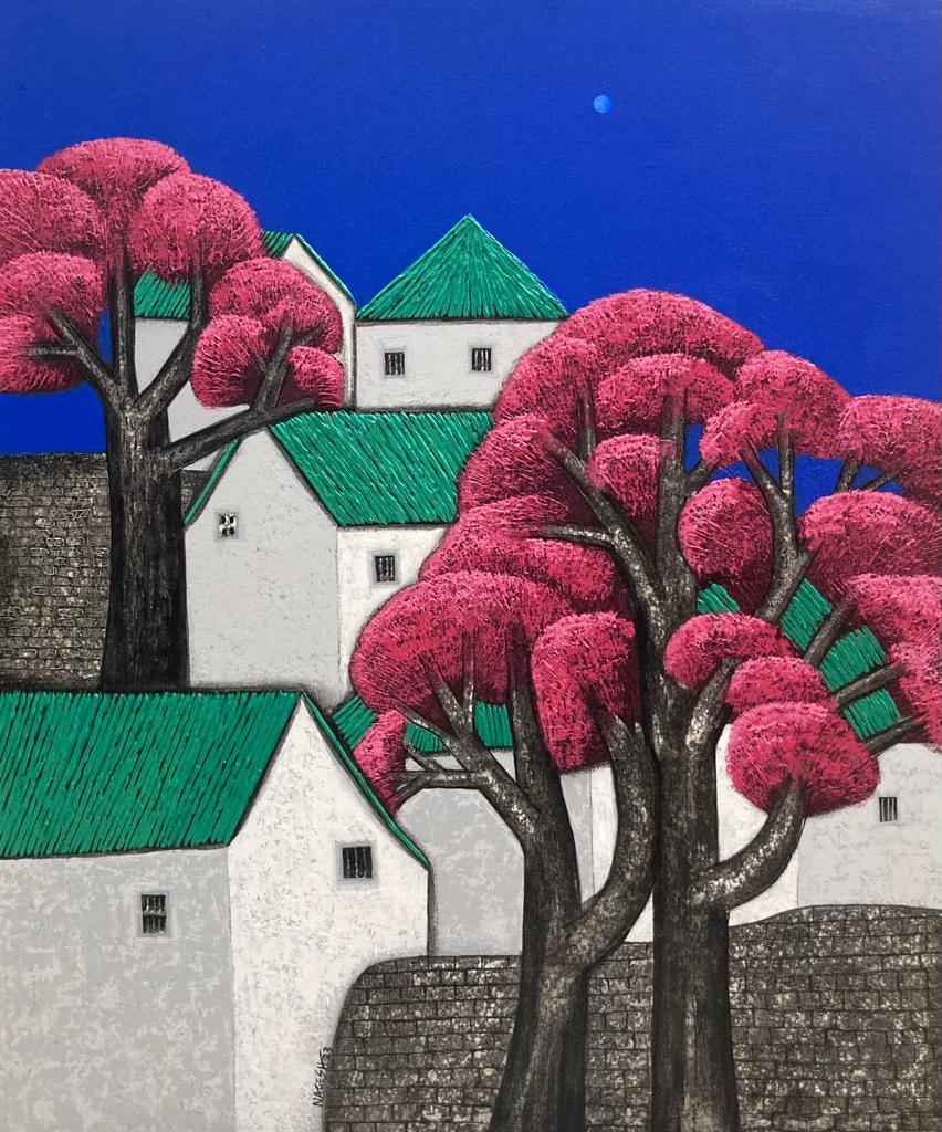 Cityscape acrylic painting titled 'Untitled 101', 36x30 inches, by artist Nagesh Ghodke on Canvas