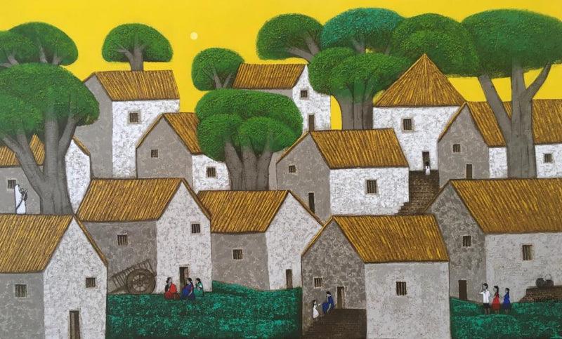 Cityscape acrylic painting titled 'Untitled 102', 30x48 inches, by artist Nagesh Ghodke on Canvas