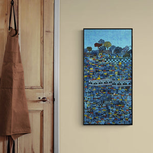 In-situ view of Rama Krishna V's 'Untitled (Urban Tapestry)' painting in a room