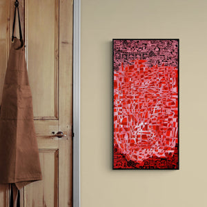 In-situ view of Rama Krishna V's 'Untitled (Crimson Maze)' painting in a room