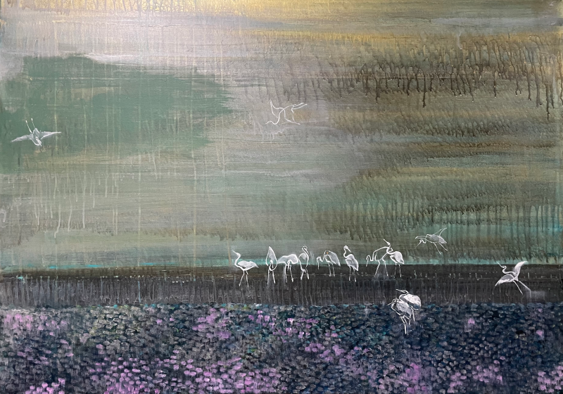 Untitled 11' nature mixed-media painting by artist Vyoma Parikh, 30x42 inch, on linen