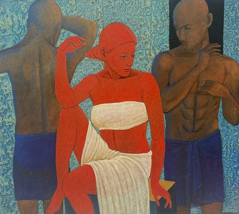 Untitled 11' figurative acrylic-oil painting by artist Asit Kumar Patnaik, 36x40 inch, on canvas