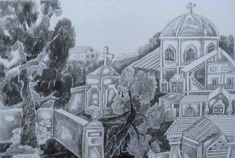 Untitled 11' cityscape graphite drawing by artist Shripad Gurav, 9x12 inch, on paper