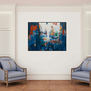 'Untitled 11 (Abstract Composition)' painting by Stalin Joseph shown on a wall in a furnished room.