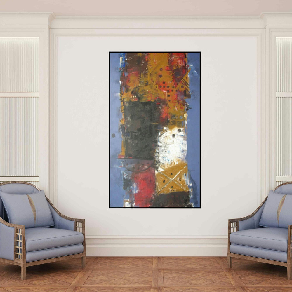 'Untitled 11 (Abstract Composition)' painting by Somanth Adamane shown on a wall in a furnished room.