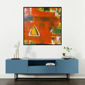 'Untitled 11 (Inferno)' painting by Ravindra Pawar shown on a wall in a furnished room.
