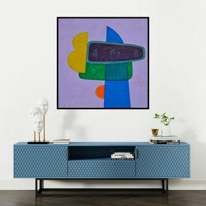 'Untitled 11 (Violet Symphony: An Abstract Composition)' painting by Bhushan Vaidhya shown on a wall in a furnished room.