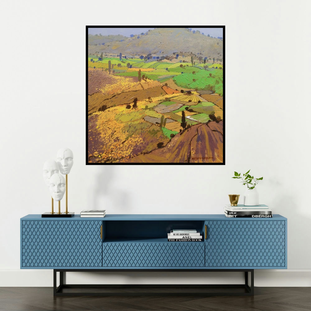 'Untitled 11 (Tuscan Panorama)' painting by Hari Dhongade shown on a wall in a furnished room.