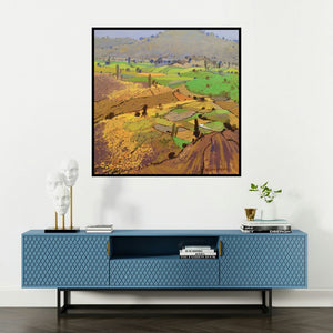 'Untitled 11 (Tuscan Panorama)' painting by Hari Dhongade shown on a wall in a furnished room.