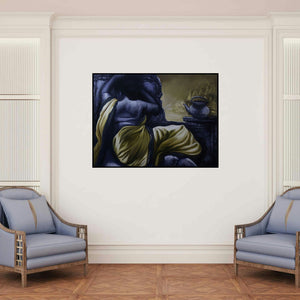 'Untitled 11 (Awaiting the Divine)' painting by Arya Chowdhury shown on a wall in a furnished room.
