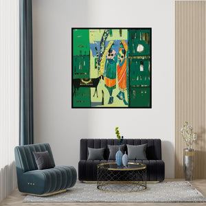 Preview of 'Untitled 11 (A Village Encounter)' Painting by Vaishali Patil shown on a wall in a furnished room.