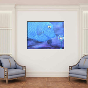 'Untitled 11 (The Observer)' painting by Bikash Mohanta shown on a wall in a furnished room.