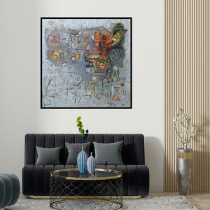Rajesh Kumar Singh's 'Untitled 11 (The Tapestry of Faces)' painting visualized above a sofa in a contemporary room.